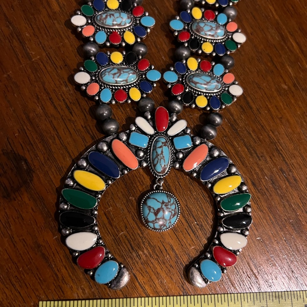 NWT SouthwestFaux Turquoise & Multicolor Squash Blossom & Earrings Set by Tanie!